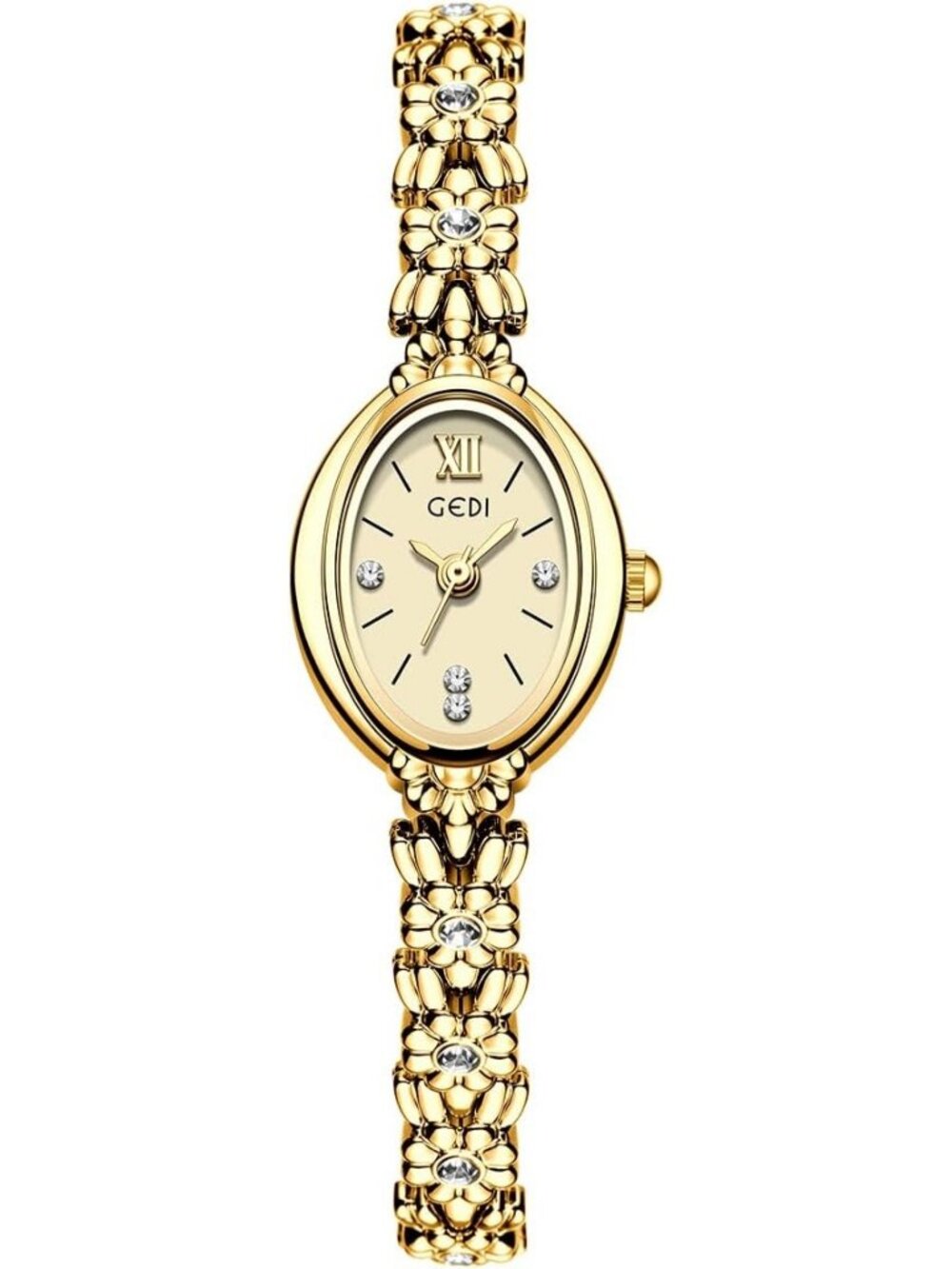 Women's All Gold Analog Alloy Steel Oval Roman Numeral Number Bracelet Watch